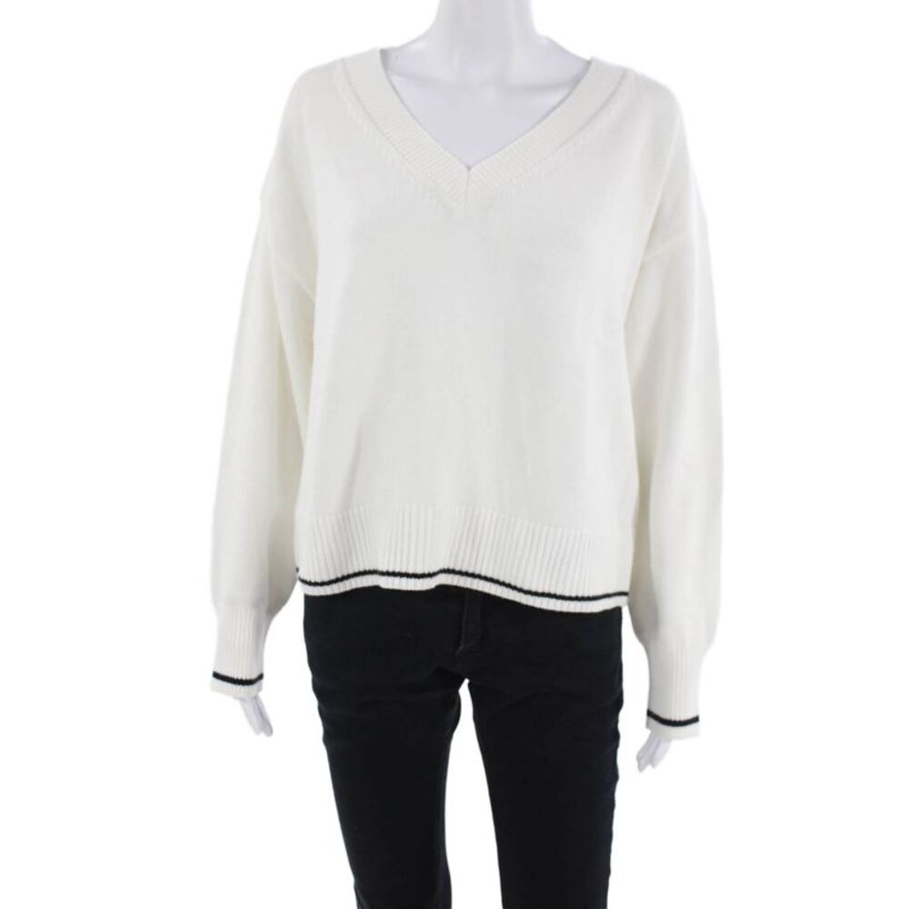 Designer Unisex White V-Neck Cotton Pullover Sweater Long Sleeve Size L